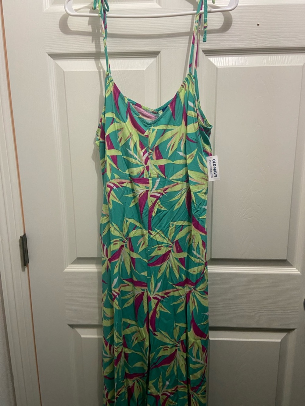 Old Navy Teal Maxi Dress with Pink & Lime Leaf Print